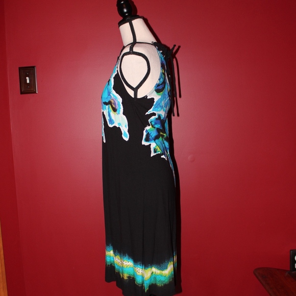 INC black dress with turquoise flowers Med    B8 - Picture 3 of 6